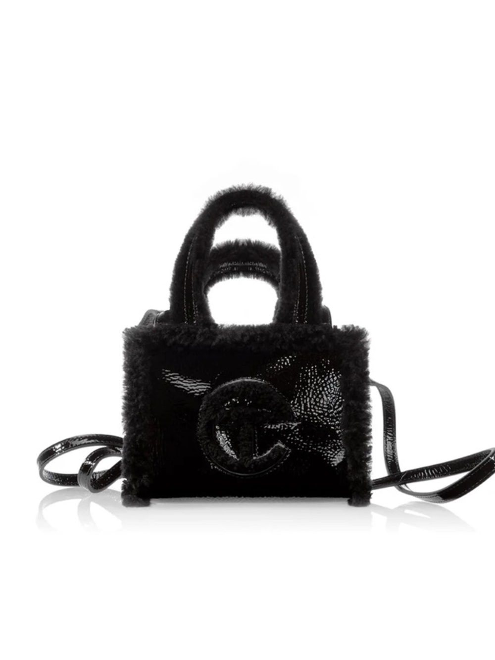 Brand New Telfar UGG Black Patent Logo Tote with Shearling Trim